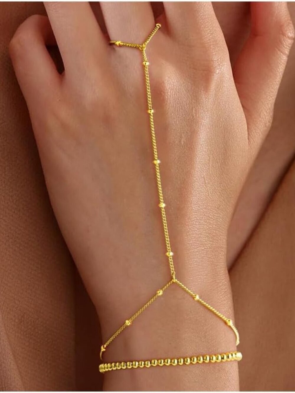 Dainty 14K Gold Plated Hand Chain Gold Bead Bracelet Women Layered Ring Jewelry